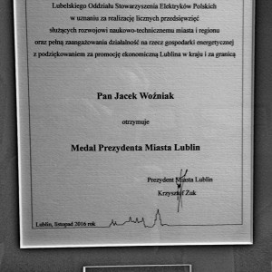 Nasz klubowy kolega Jacek Woźniak został wyróżniony przez Prezydenta Miasta Lublin dr. Krzysztofa Żuka Medalem Prezydenta