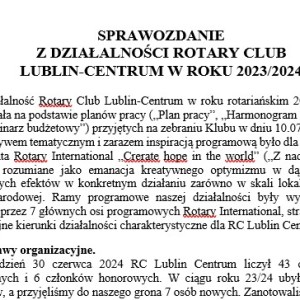 SPRAWOZDANIE Z DZIAŁALNOŚCI ROTARY CLUB  LUBLIN-CENTRUM W ROKU 2023/2024